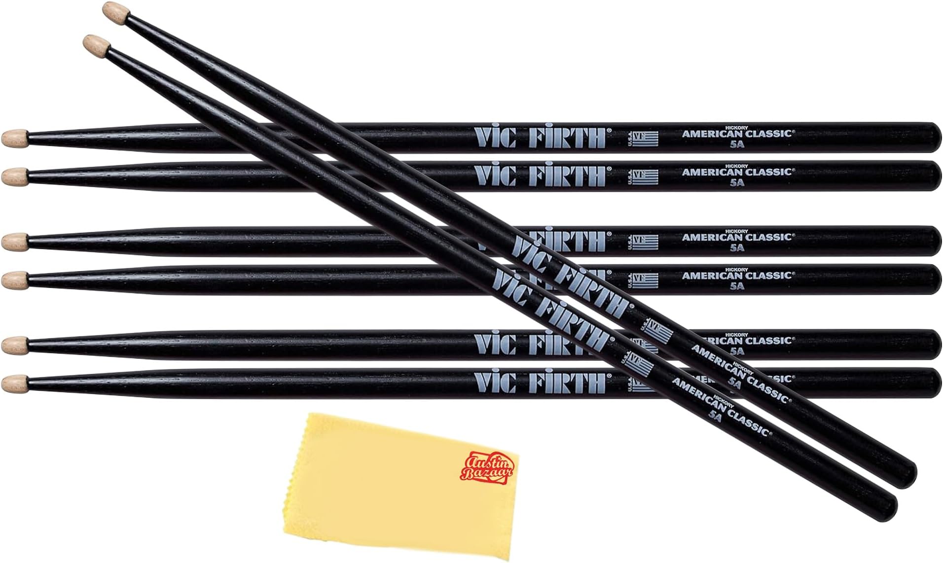 Vic Firth American Classic Series Drumsticks - 5AB - American Hickory - Wood Tip - Black - 4 x Pair Value Pack, P5AB3-5AB1