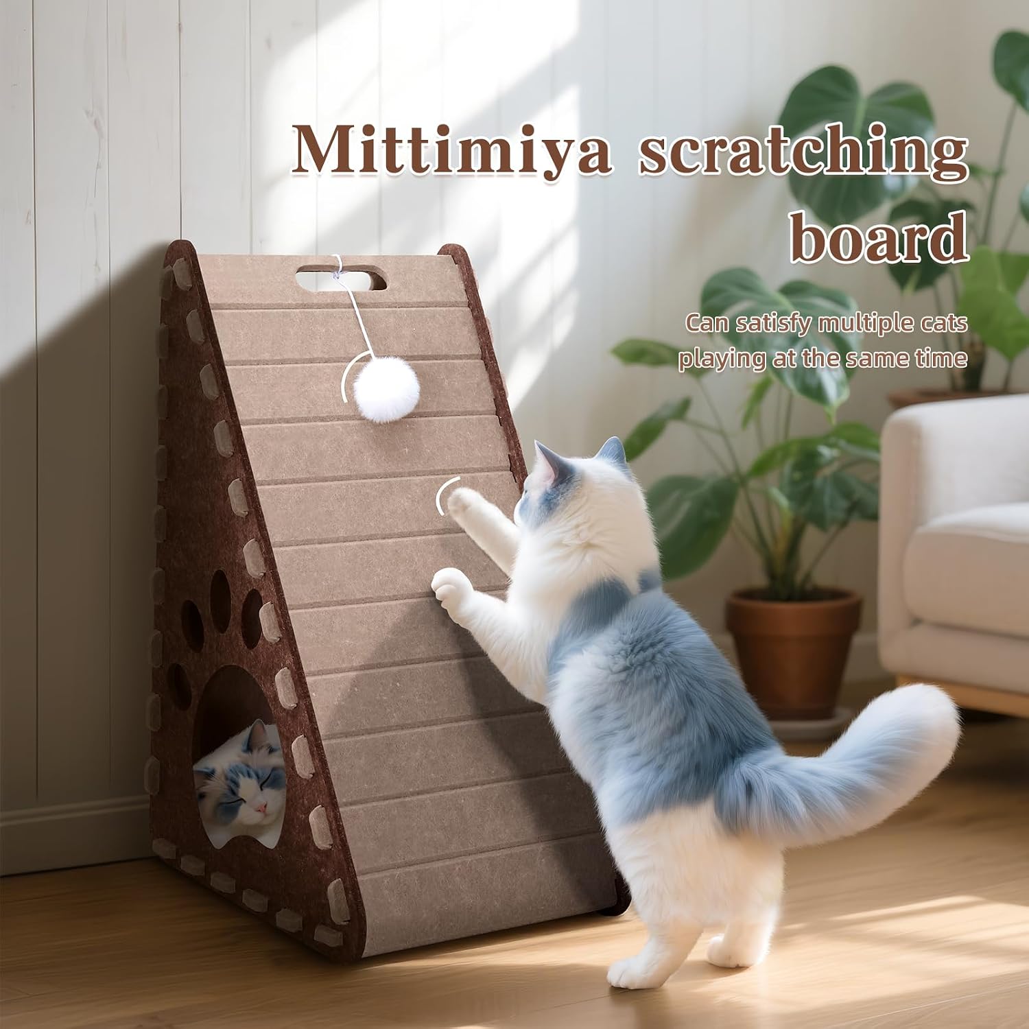 Triangle Felt Cat Scratcher, Brown Gray, 23.6 Inch | For Indoor Cats, 3-in-1 Cat Scratch Pad, With Cave & Ball Toy, Vertical Scratching Board, Furniture Protector