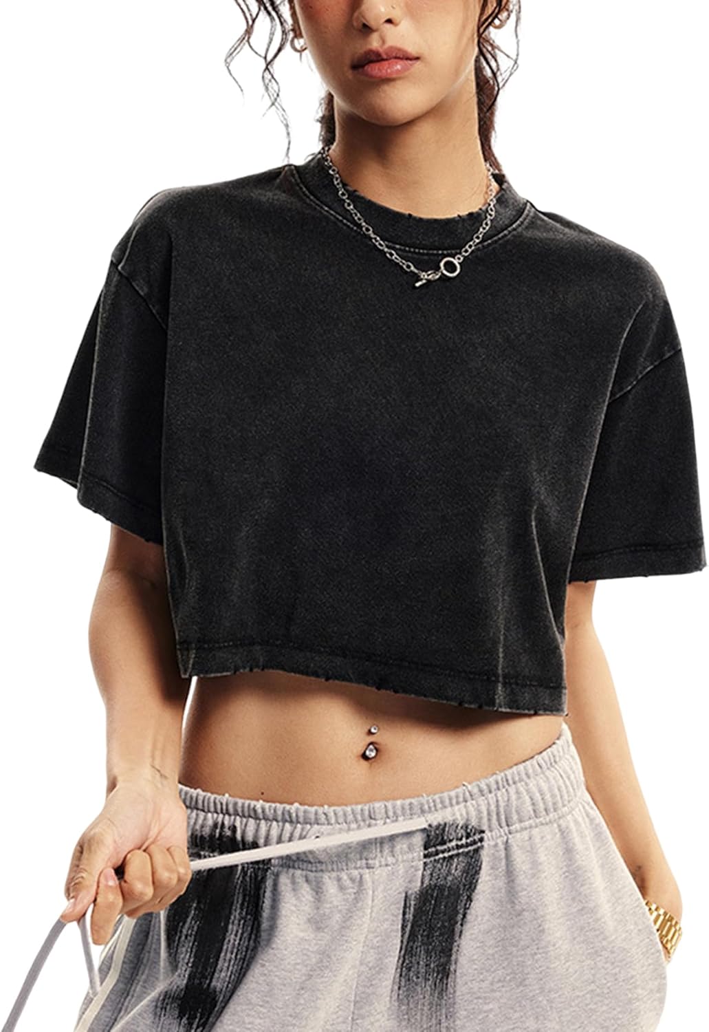 Wyeysyt Womens Cropped T Shirts Vintage Oversized Cotton Tees Short Sleeve Casual Streetwear Washed Basic Tee Tops