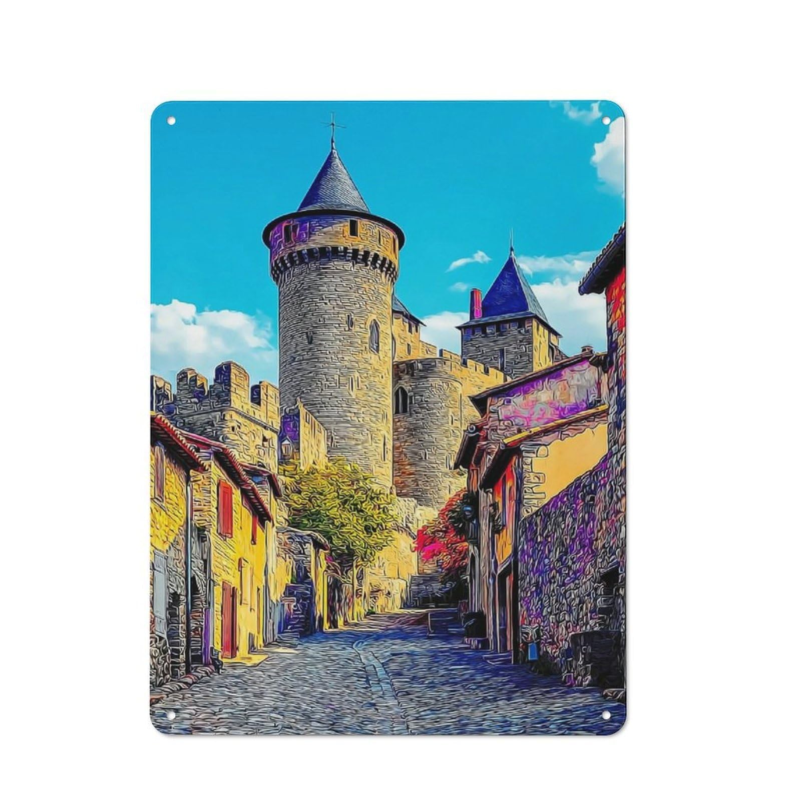 Junmoney Medieval Castle With Cobblestone Streets Decorative Tin Plaque 40X30cm, Vintage Bar Wall Plaque For Bar, Kitchen, Garage Or Games Room