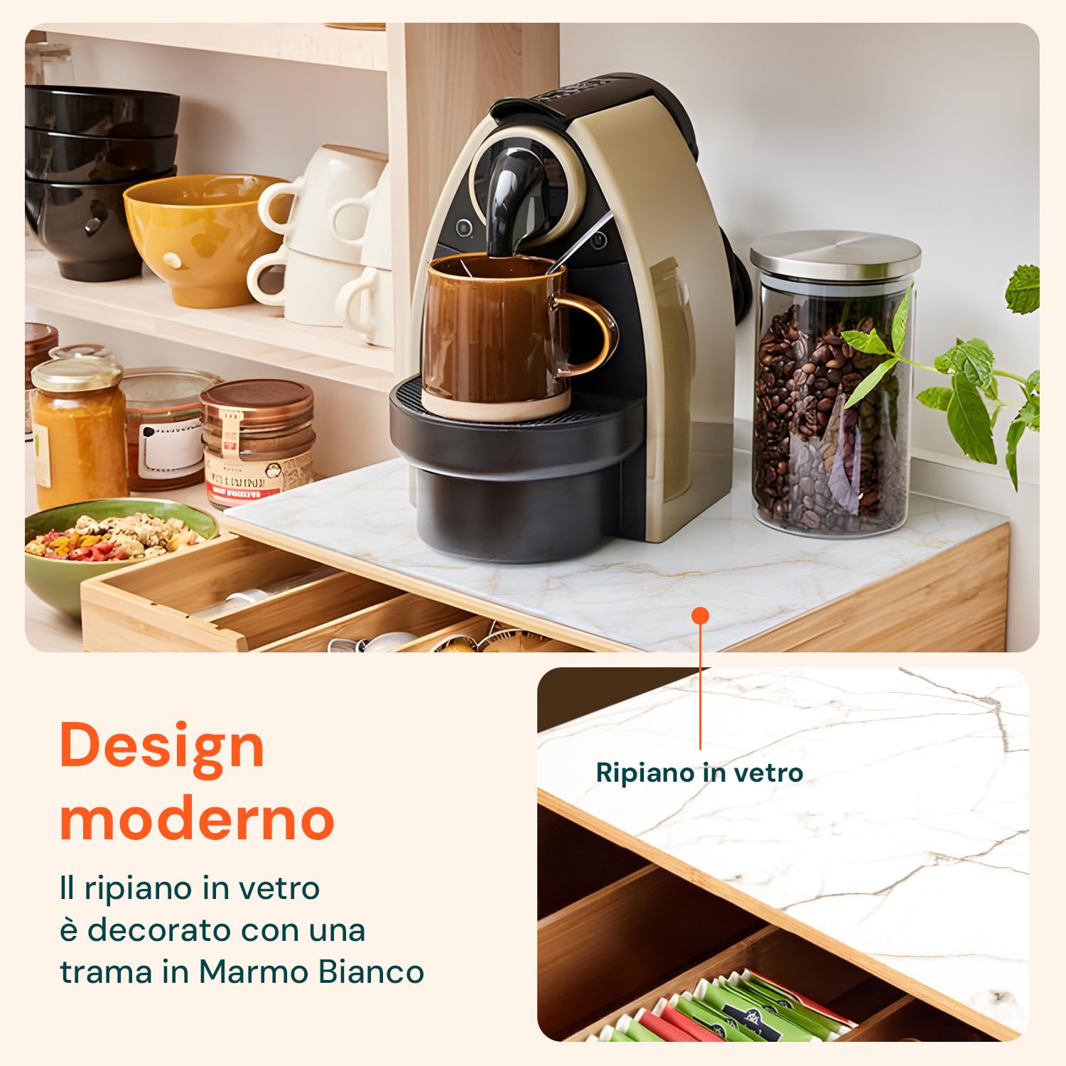 Avilia - Porta Cialde Caffè e Porta Capsule in Bambù con Ripiano in Vetro Marmorizzato Bianco, Organizer per Angolo Caffè e Tè 30x30x10cm, Elegante e Compatto per Casa e Ufficio