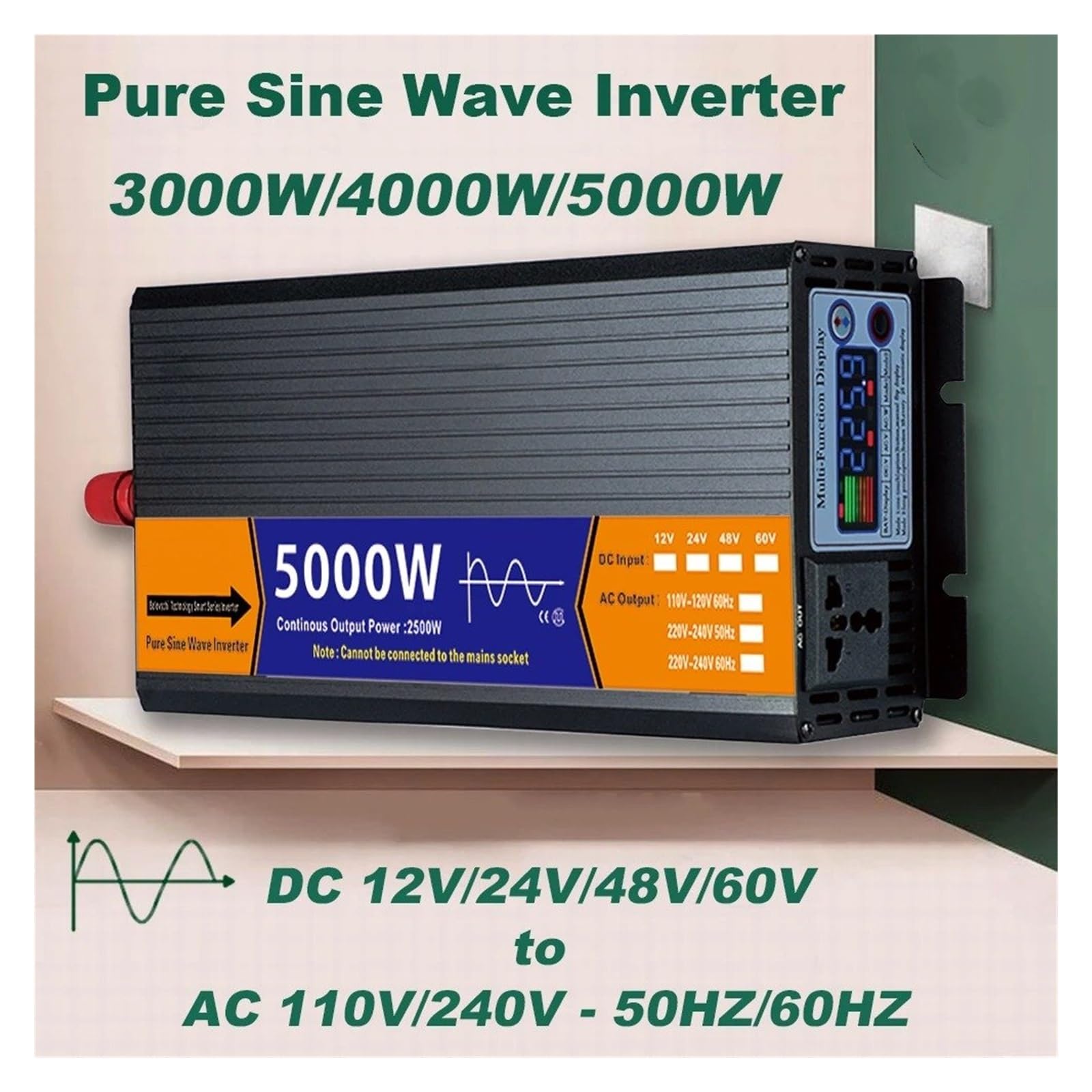 Inversor Onda Sinusoidal Pura con Transformador Voltaje Pantalla LCD Solar CC 12 V/24 V/48 V/60 V A CA 110 V/220 V 2000 W 3000 W 4000 W 5000 W Convertidor(24V,127V 60HZ,3000W)