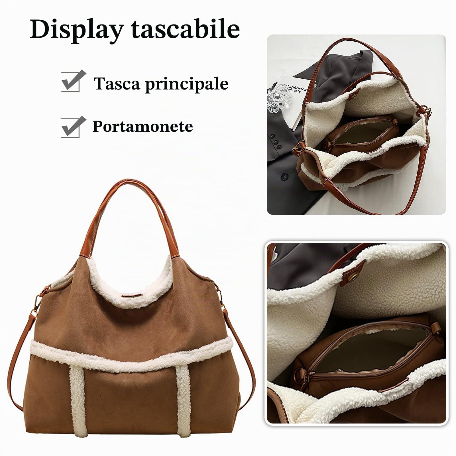 CORIOS Borsa a Mano in Lana di Agnello da Donna, Spalla in Pelle Scamosciata Grande, Tracolla Morbido Peluche, Tote Retro Messenger 2 Pezzi Marrone