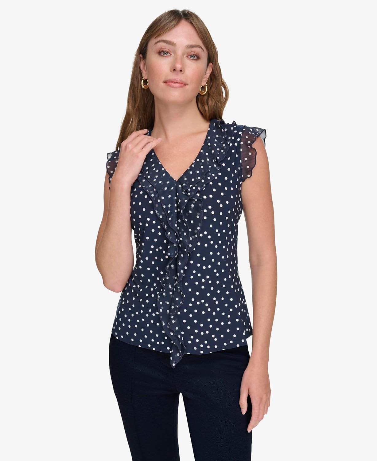 Tommy Hilfiger Women's Sleeveless Mix Media Ruffle Front Blouse - Image 2