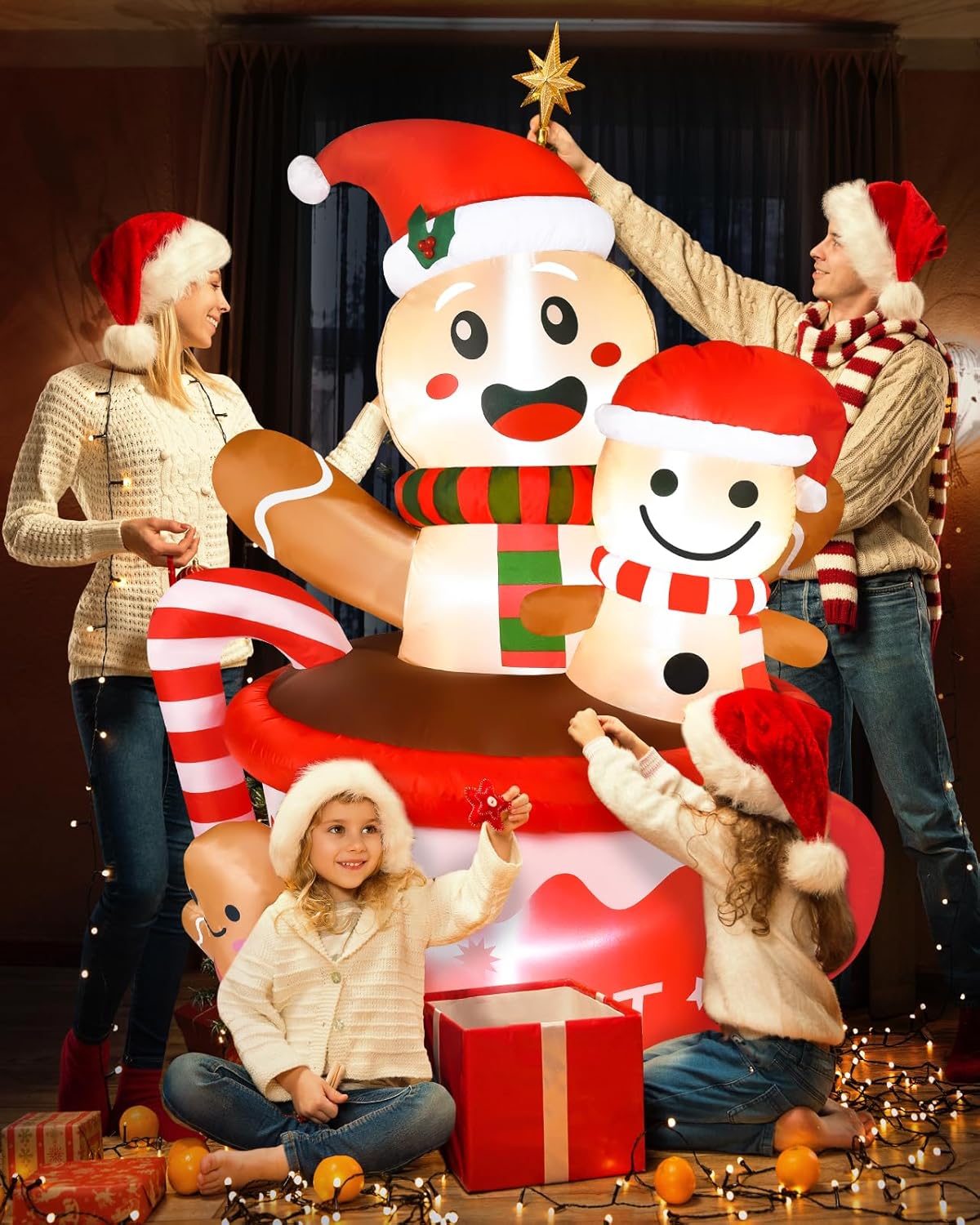 Giant Inflatable Christmas Decoration Gingerbread Man with Santa Hats - 6-Foot Tall Hot Cocoa Themed Holiday Yard Decor - Indoor/Outdoor Christmas Blow-Up with LED Lights.