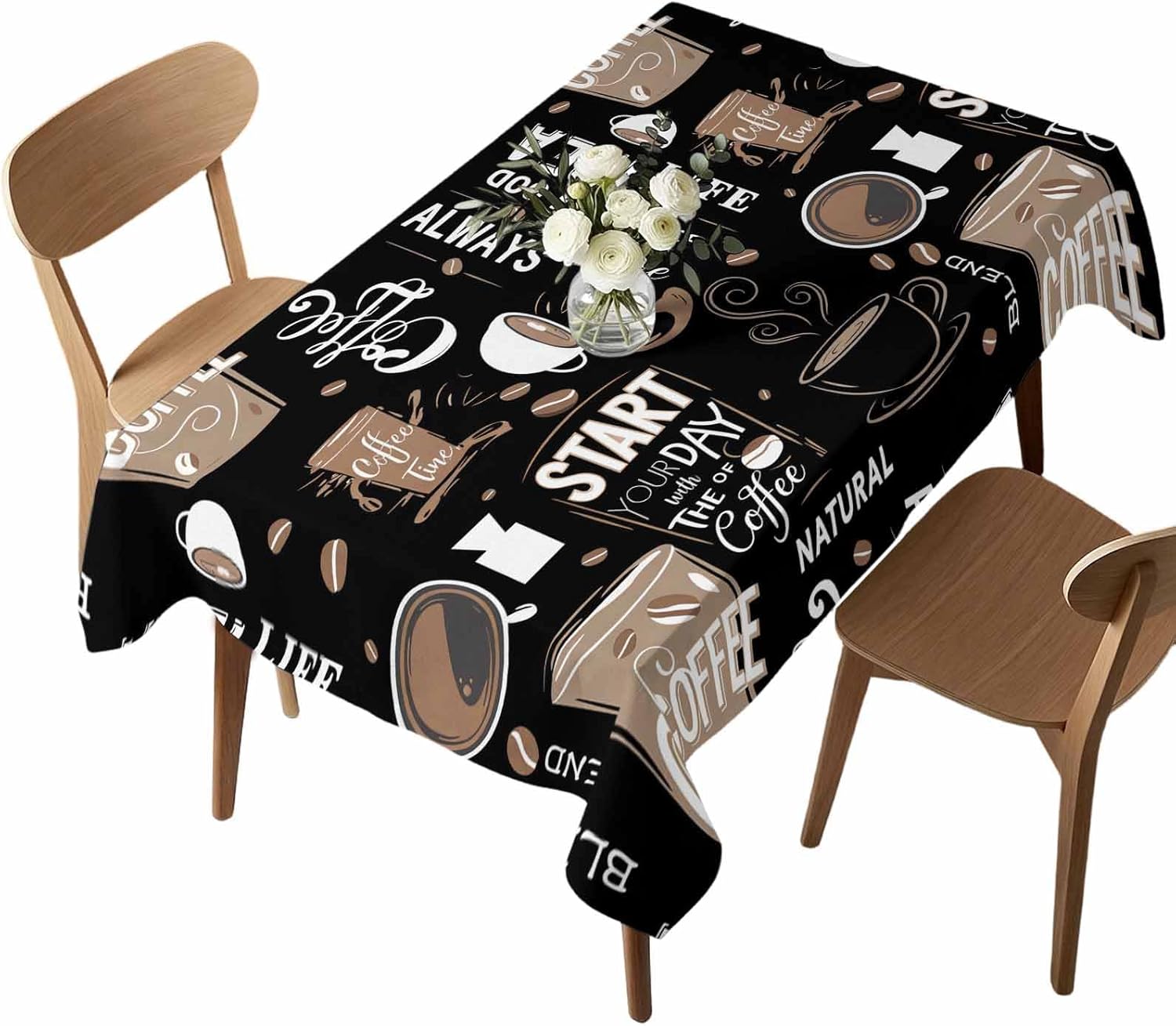 Rectangle Waterproof Table Cloths Cartoon Theme Coffee Cup Beans Tablecloths Topper Cover Brown Black Kitchen Dining Tablecloth for Indoor Outdoor Wedding Tables