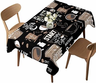 Rectangle Waterproof Table Cloths Cartoon Theme Coffee Cup Beans Tablecloths Topper Cover Brown Black Kitchen Dining Tablecloth for Indoor Outdoor Wedding Tables
