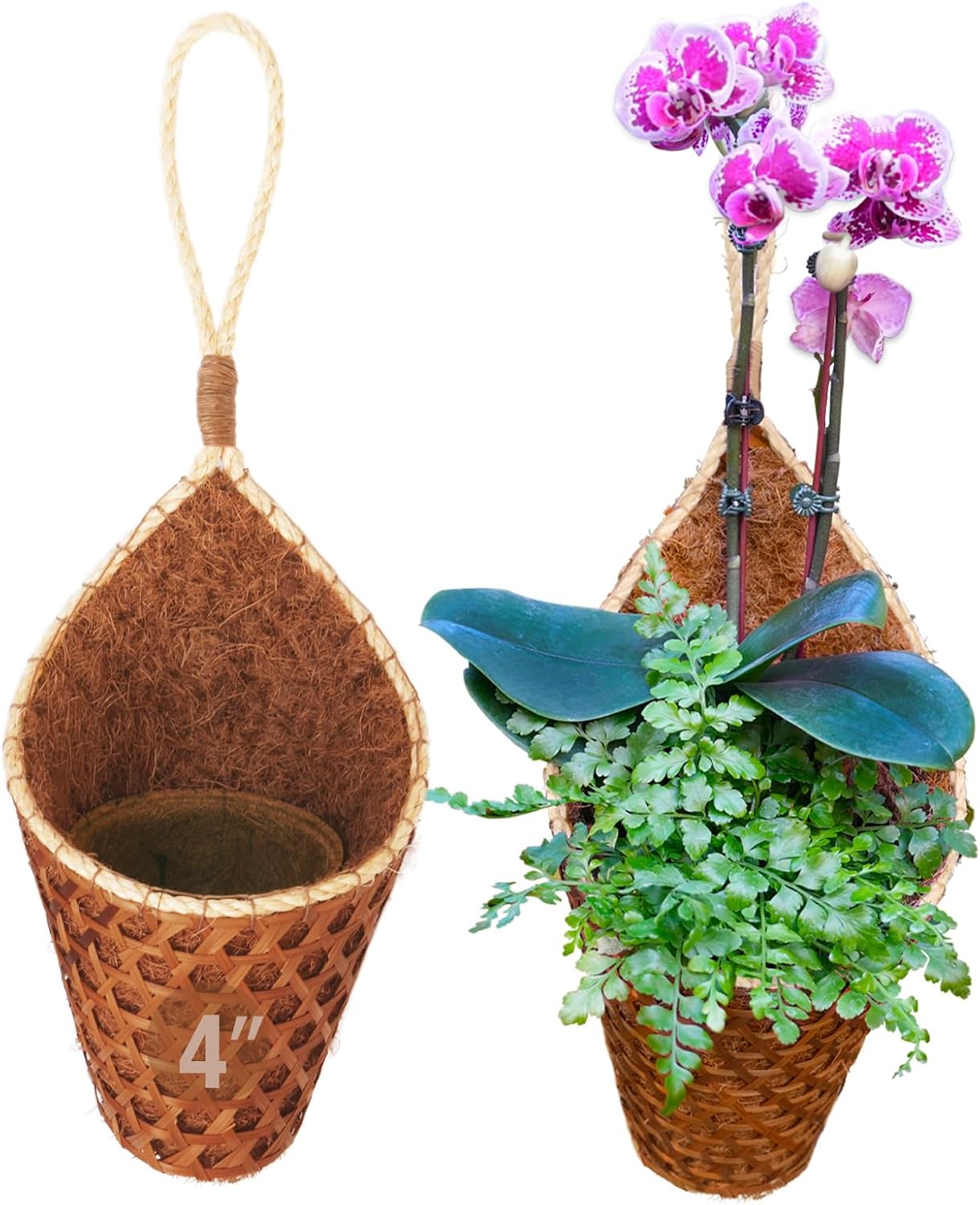 Thai Coconut Fiber Hanging Plants Flowers Basket for Patio Summer Outdoor Outside Decoration (6 Inch 2-Pack)
