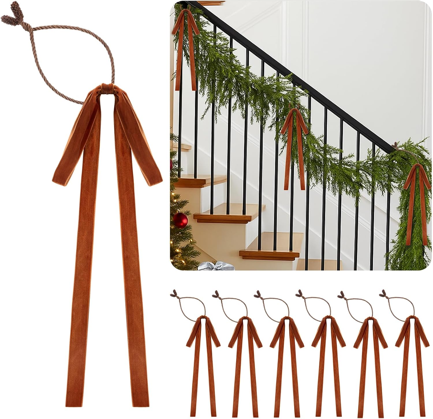 Dingion 16 Pcs Brown Velvet Bow Christmas Garland Ties for Banister Xmas Swag Bow Ribbon Decor Stair Twist Ties Vintage Banister Wrap Railing Holder for Holiday Rail Socks Banner Rail Decor