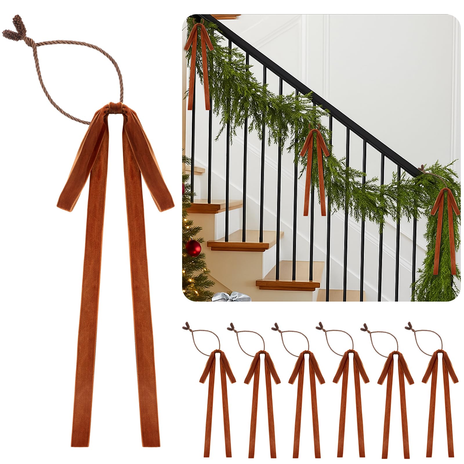 16 Pcs 20" Christmas Garland Twist Ties Brown Velvet Bow for Banister Decor