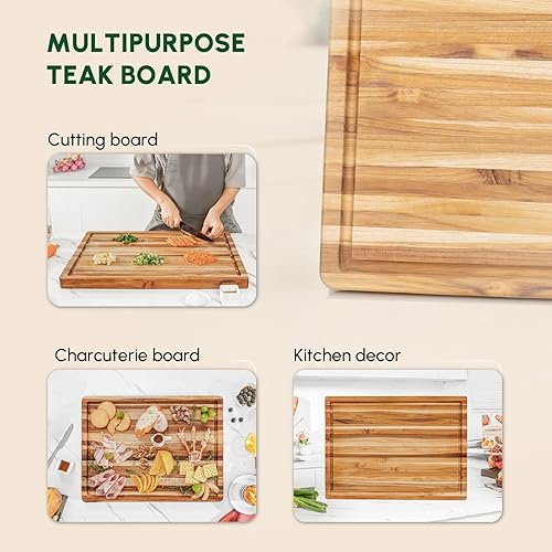 Miniatura 9 de BEEFURNI Tabla de cortar de madera de teca con agarre de mano con ranura para jugo, tablas de cortar de madera extra grandes para cocina, tabla de