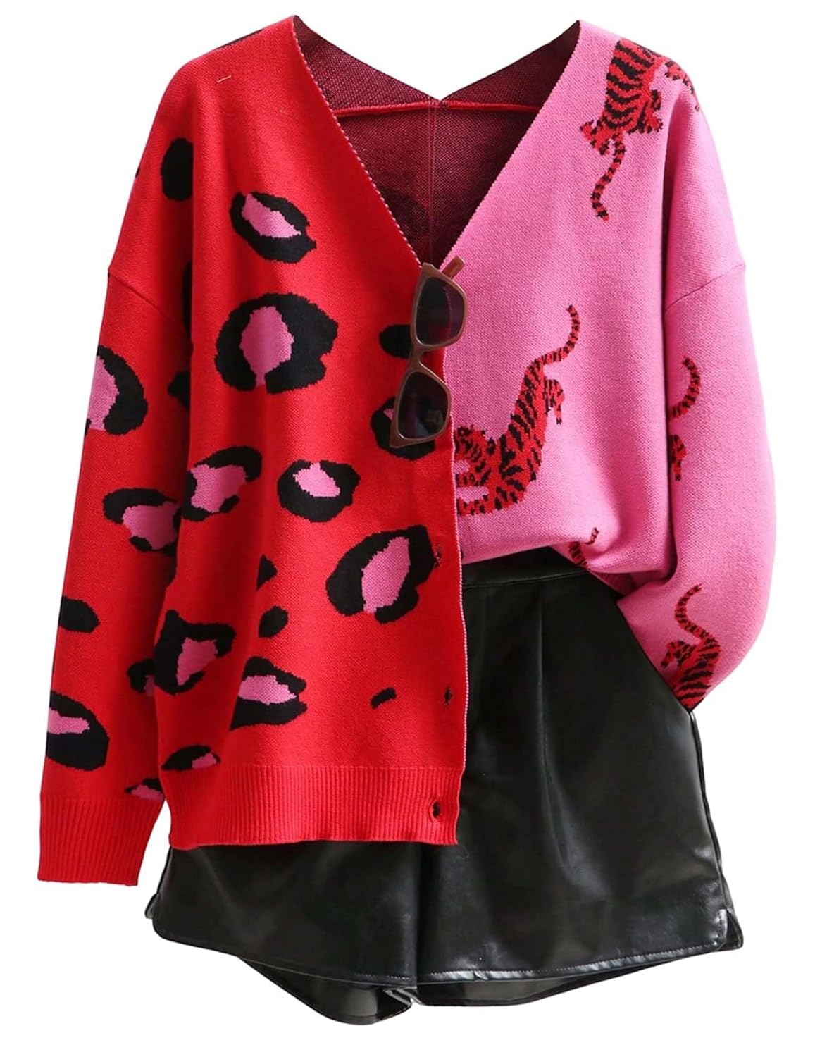DERAX Womens Oversized Leopard Tiger Animal Print Cardigan Sweaters V Neck Long Sleeve Color Block Button Up Sweater