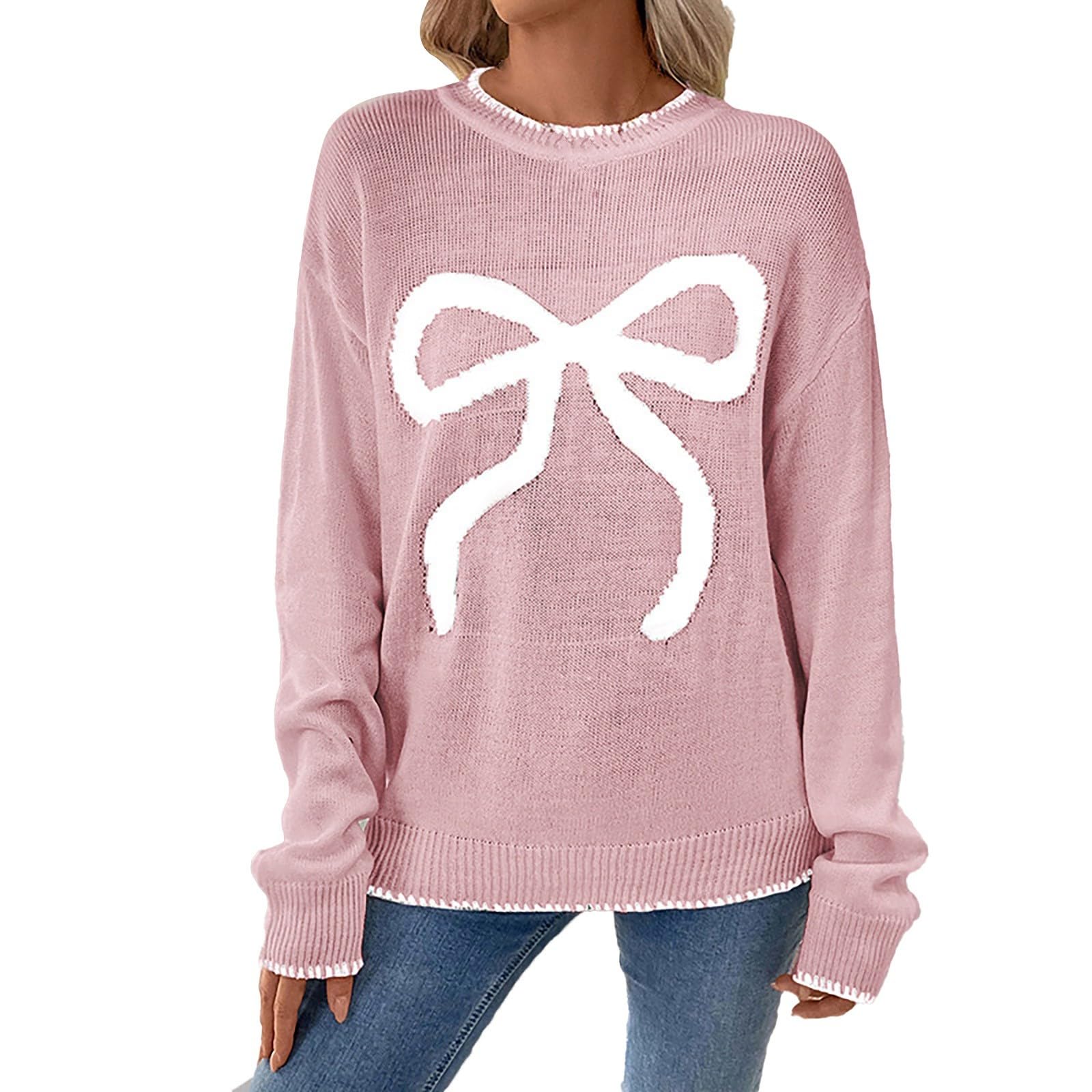 Christmas Sweaters for Women Casual Crew Neck Long Sleeve Knit Pullover Sweaters Plus Size Cute Bow Sweater Women