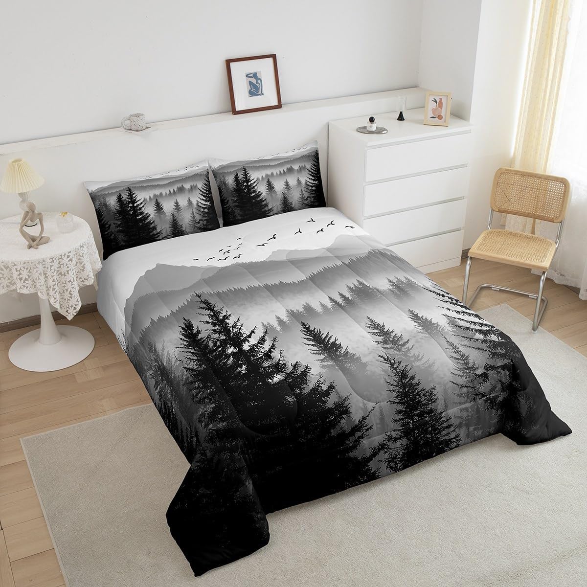 Erosebridal Black Grey Queen Comforter Set Smoky Mountain Forest Bedding Set Rustic Woodland Pine Trees Comforter for Kids Boys Adults Men,Nature Landscape Quilt Duvet for All Season 3 Pcs
