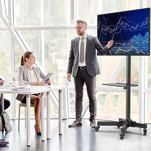 Miniatura 9 de PERLESMITH Carrito de TV móvil con ruedas para LCD LED OLED de 23 a 60 pulgadas, pantalla plana curvada para televisores al aire libre, estante de