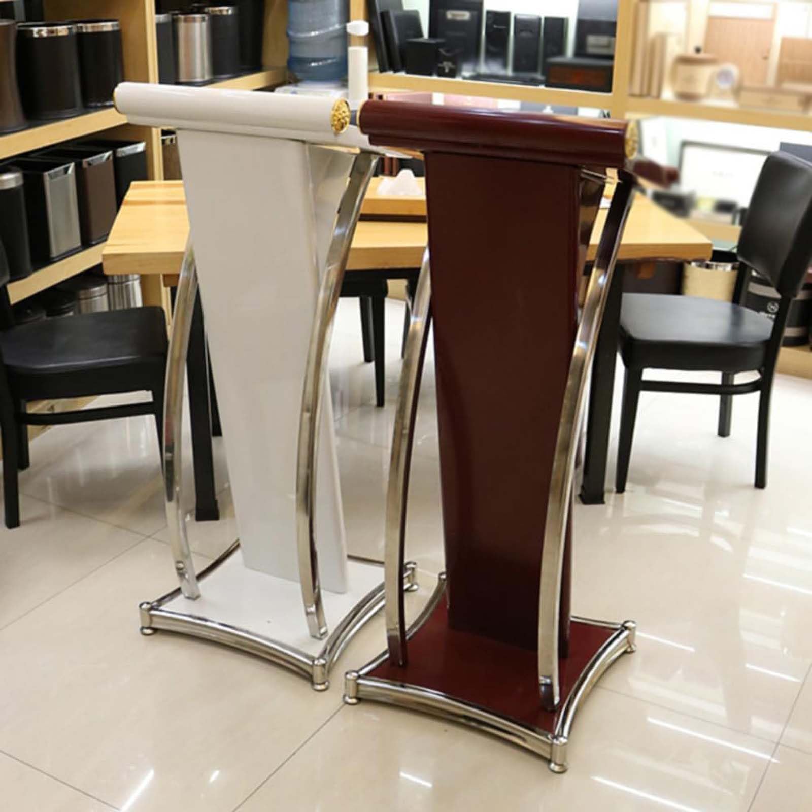 Gebogenes Rednerpult aus Metall, freistehendes Rednerpult aus Edelstahl für Kirchenkonferenzen und Schulpräsentationen, modernes weißes Design, ideal für Büro und Compute
