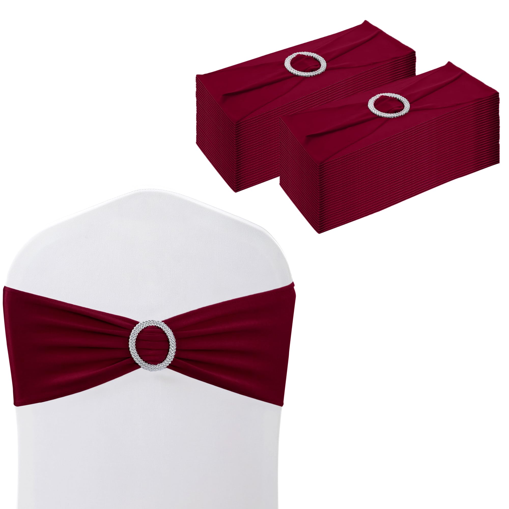 WedDecor Stretch Chair Bands Plain Spandex Band with Slider Buckle for Wedding Party Chair Decoration, Events Supplies, Formal Meeting, Burgundy, 13 x 6 Inches, 25pcs
