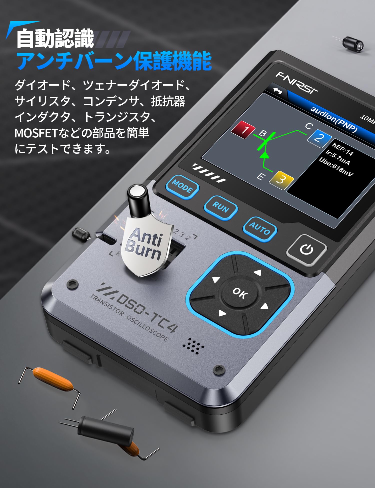 FNIRSI Oscilloscopio Digitale 3-in-1 Portatile 10MHz 48MSa/s con Generatore di Segnali e Tester Componenti – Display TFT 2,8", Batteria Ricaricabile USB-C, Test Transistor MOSFET Diodi – DSOTC4