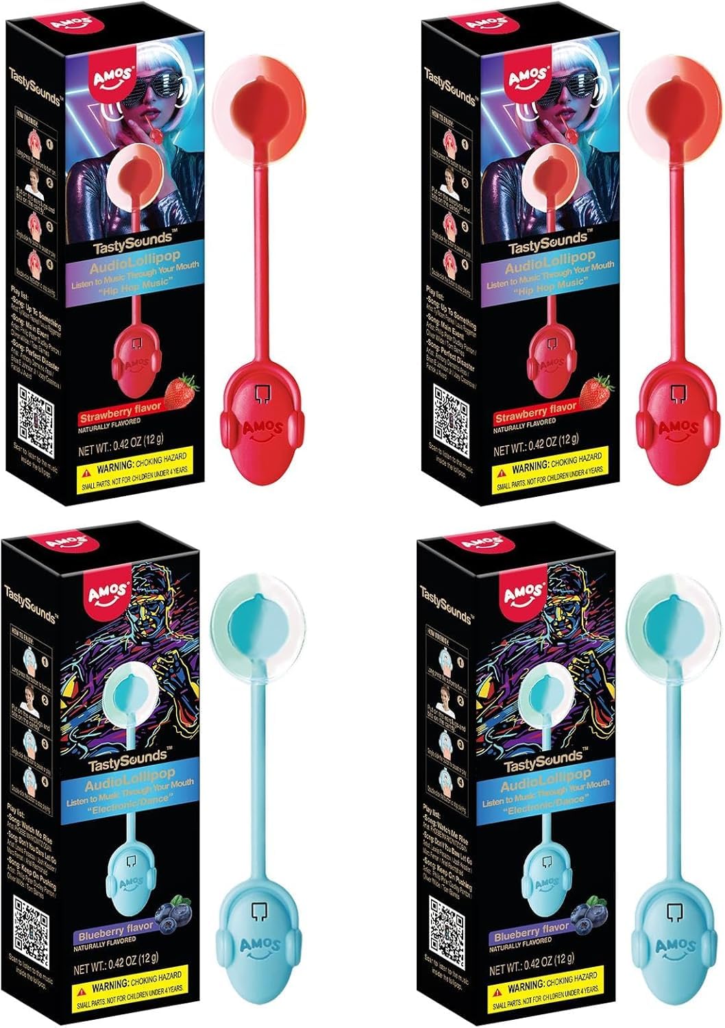 AMOS Lutscher Audio Lollipop Süssigkeiten, 1x Erdbeere & 1x Blaubeere Ostern Süßigkeiten Geschenke Musik Lollies Bonbons Süßigkeitens, Lutscher Zuckerfrei Einzeln Verpackt