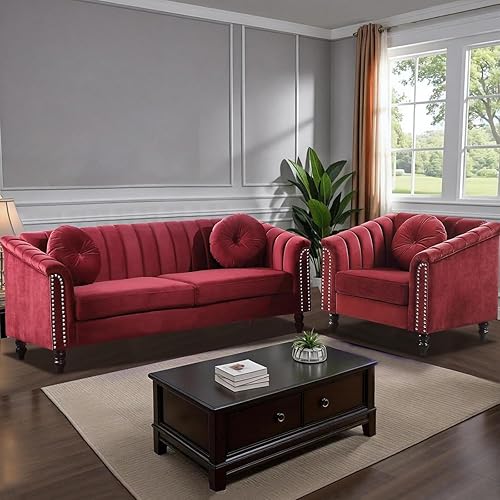 Moderno conjunto de sofá Chesterfield de terciopelo de lujo, sillón de franela, reposabrazos enrollados tapizados para sala de Estar, dormitorio,