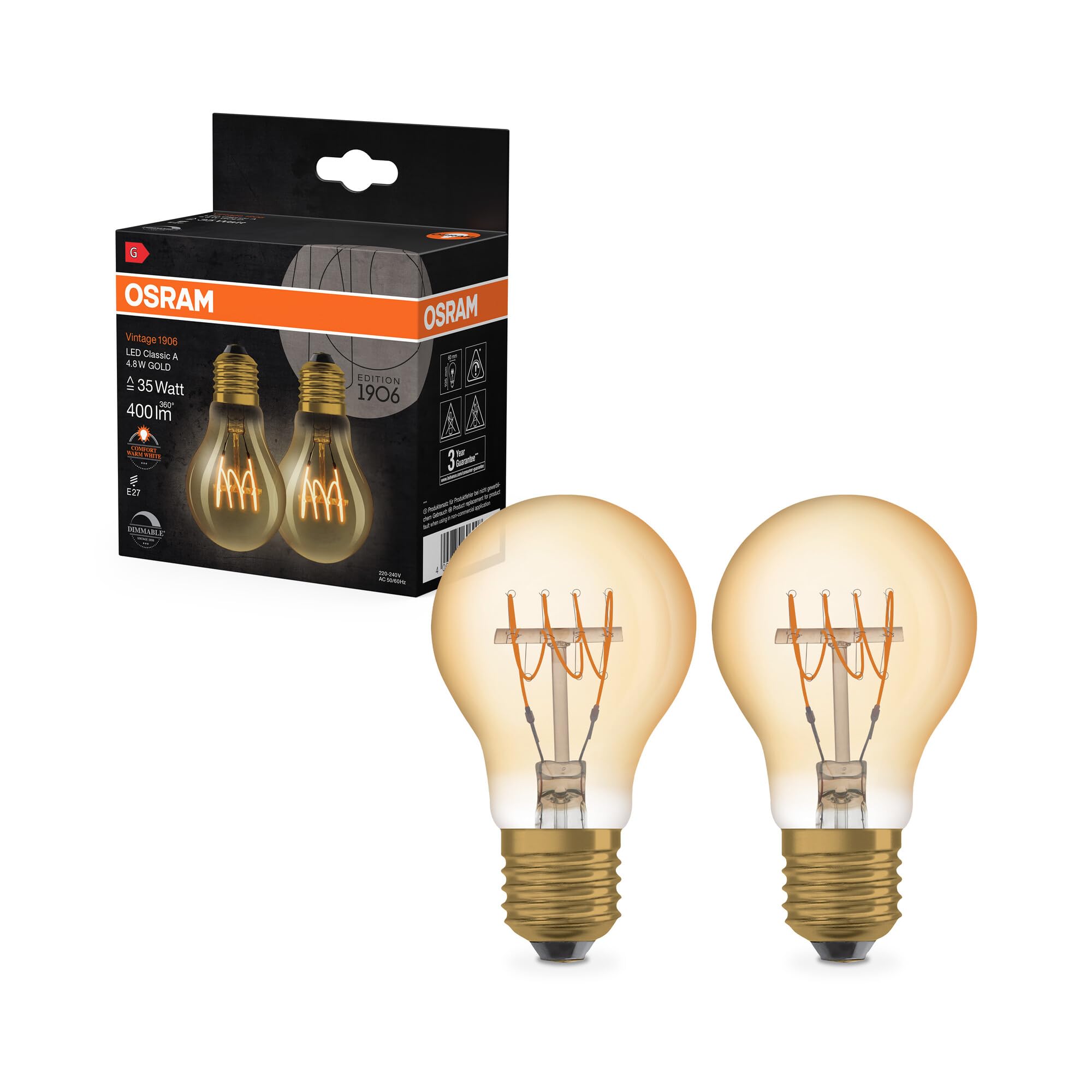 Osram Vintage 1906 LED Classic A,B,P Slim DIMMABLE Filament 4.8W 822 Gold E27