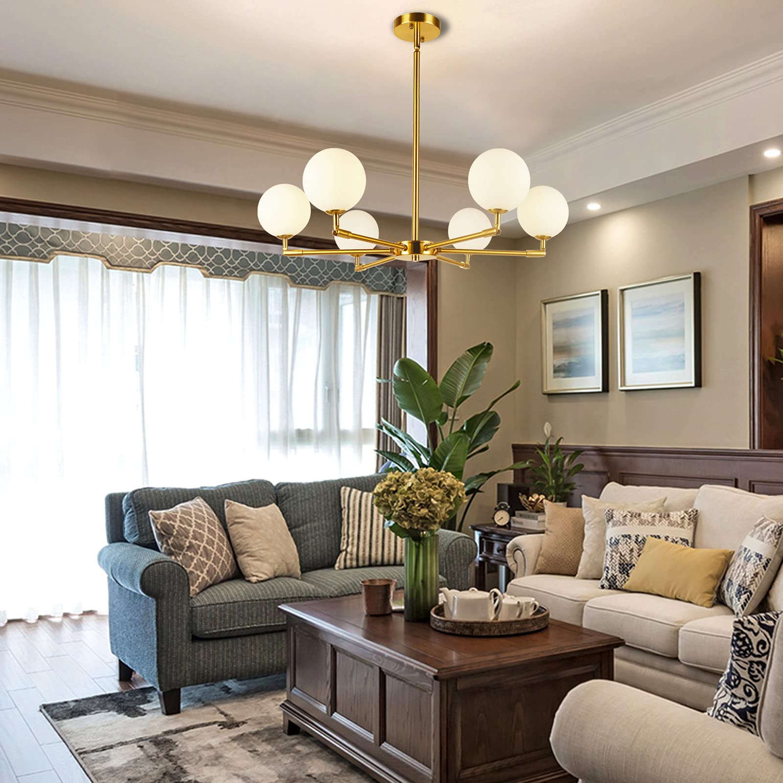 6-Lights Globe Mid Century Chandelier Modern Sputnik Pendant Light Fixture with G9 Bulb Brushed Brass Finished with White Globe Glass Lampshade Dining Kitchen Island Bedroom Lighting (Gold)