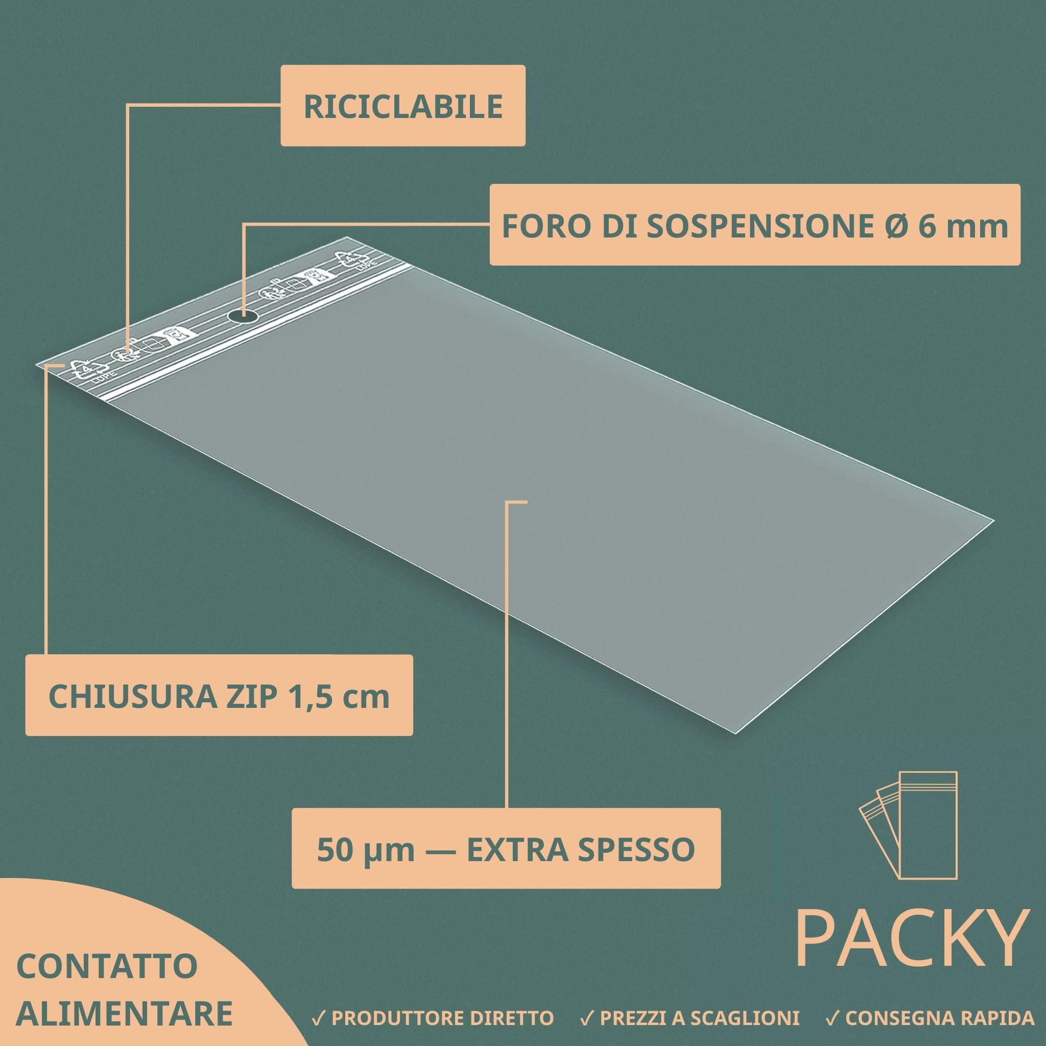 PACKY - Sacchetti Plastica Richiudibili 4x6 Cm - 100 Pezzi - Bustine Trasparenti Richiudibili | Ampia scelta