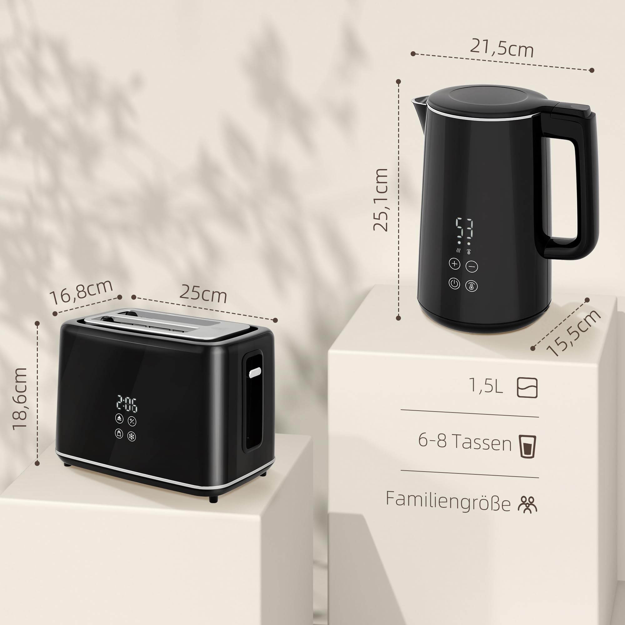 HOMCOM Wasserkocher Toaster Set Edelstahl 1,5L 2200W 2 Scheiben 7 Bräunungsstufen Schwarz