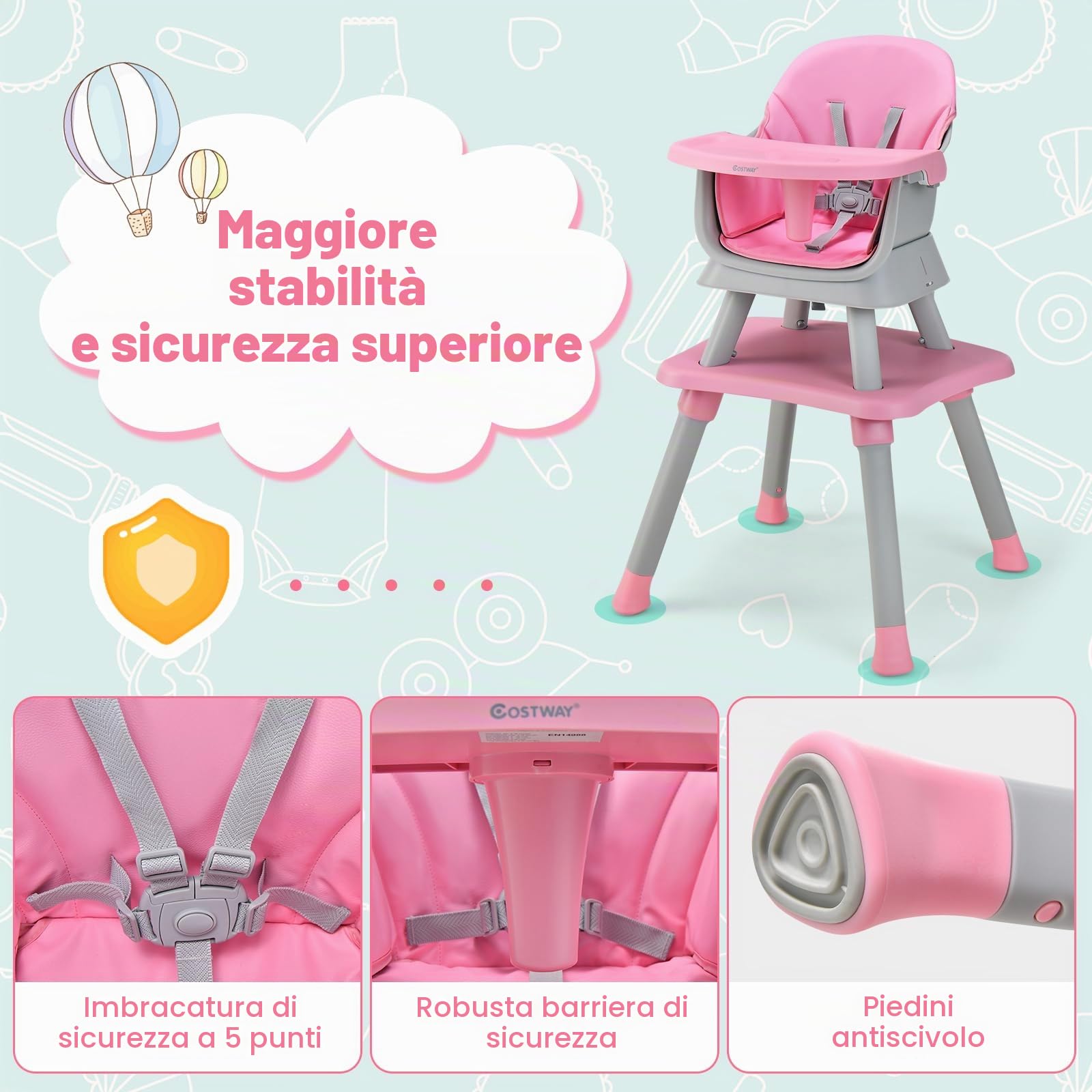 RELAX4LIFE 6 in 1 Seggiolone Pappa, Seggiolone Multfunzionale e Evolutivo con Imbracatura a 5 Punti, Vassoio Rimovibile e Regolabile, Tavolino e Sedia, per Neonati e Bambini 6-36Mesi, 25KG (Rosa)