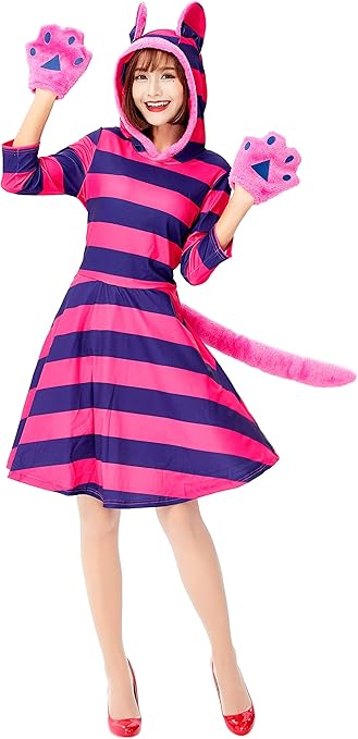 Amazon S C Live 不思議の国のアリスコスプレ チェシャ猫コスチューム2点セット チェシャ猫着ぐるみワンピース しっぽ付 猫グローブ ピンク パープル ボーダー チェシャ猫ココスプレ 大人 レディース チェシャキャット ハロウィンコスチューム 大人コスチューム
