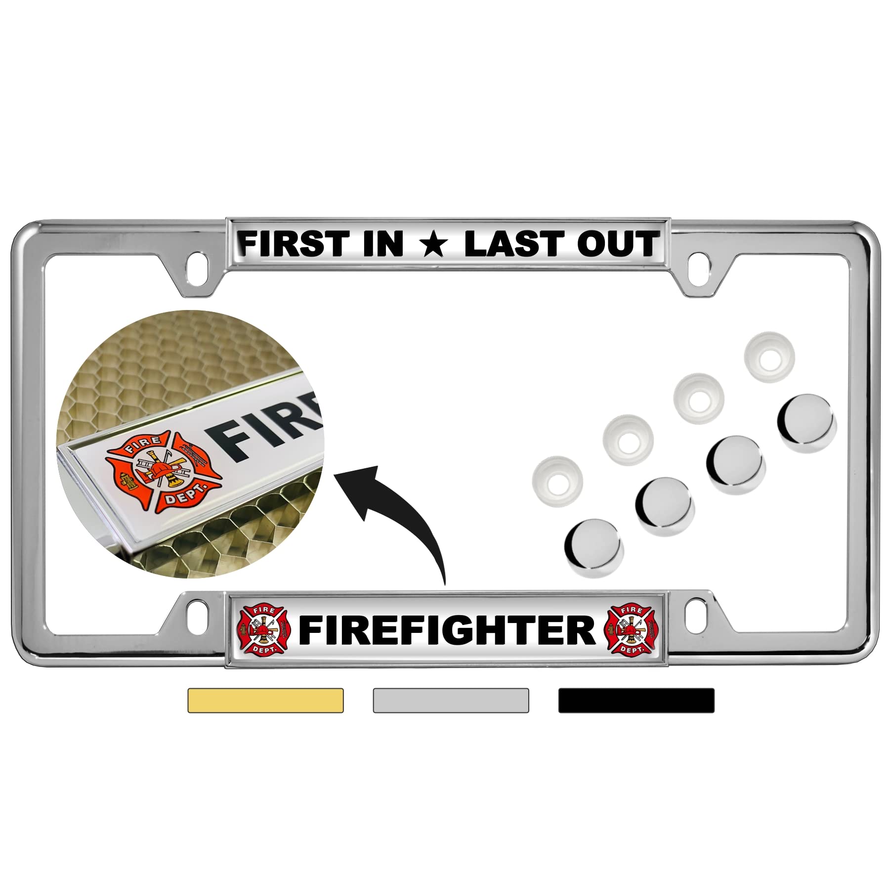 Firefighter - Domed Custom-Made Personalized Narrow (Thin) Top 4 Hole Metal Car License Plate Frame with Free caps - Chrome (Quantity: 1 Frame)