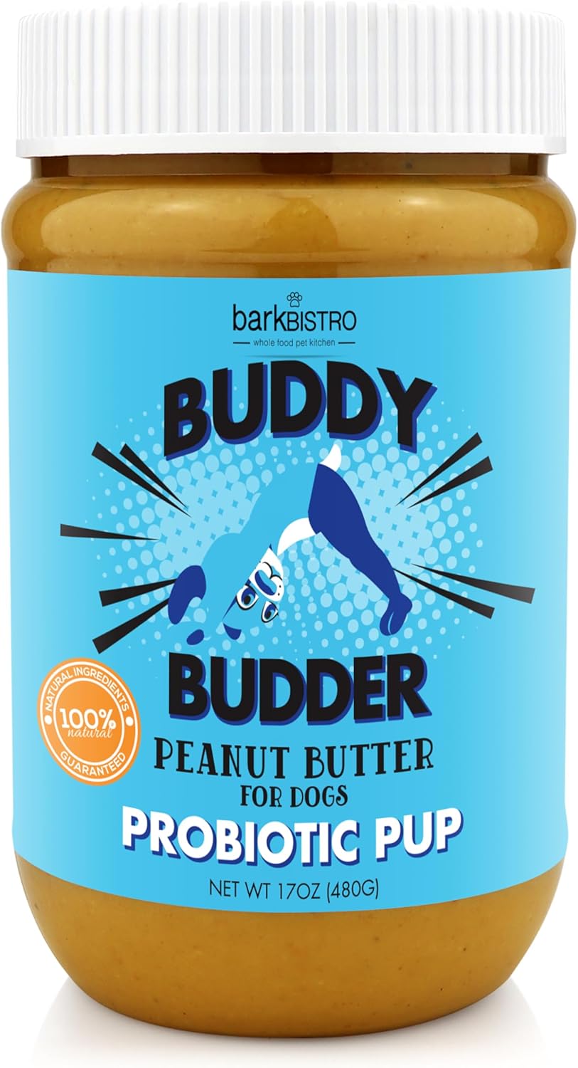 BUDDY BUDDER Bow-Wow Blueberry (probiotic + prebiotic), 100% Pure Canine Peanut Butter, Wholesome Peanut Butter Canine Complement, Made in USA (17oz Jar)