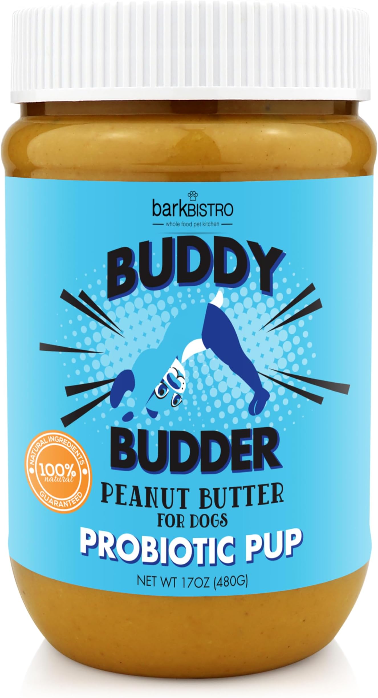 Blueberry Probiotic Pup Buddy Budder, 100% Natural Dog Peanut Butter, Peanut Butter Treat Supplement, Made in USA (17oz)