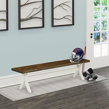 HomeStock Modern Dining Bench - 72" Wood Bench - Linen White Legs - Distressed Espresso Top - Farmhouse Style Seating