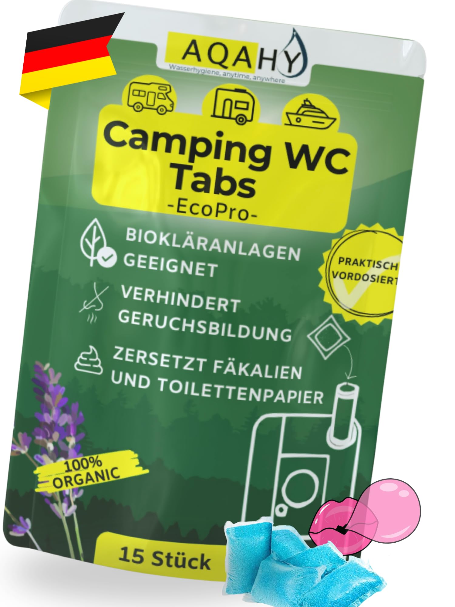 Bio Camping Toiletten Zusatz - WC Drops - Chemietoilette Tabs entfernt unangenehme Gerüche - made in DE (eco pro - bublegum - 15Tabs)