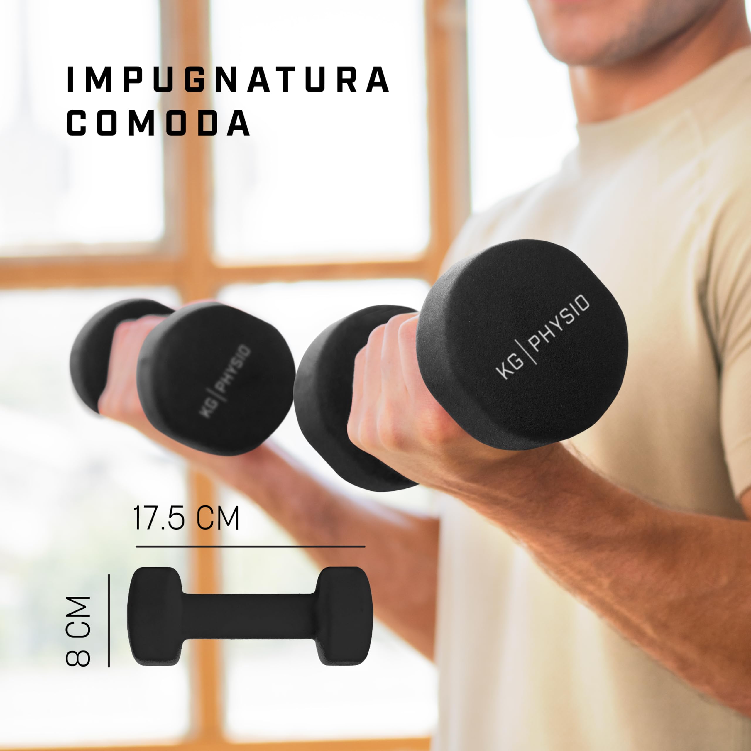 KG PHYSIO Pesi Palestra, Kit di 2 Manubri Palestra con Rivestimento in Neoprene, Impugnatura Confortevole, Accessori Palestra con Tecnologia Anti Rotolamento, Poster A3 con Esempi di Esercizi Fitness