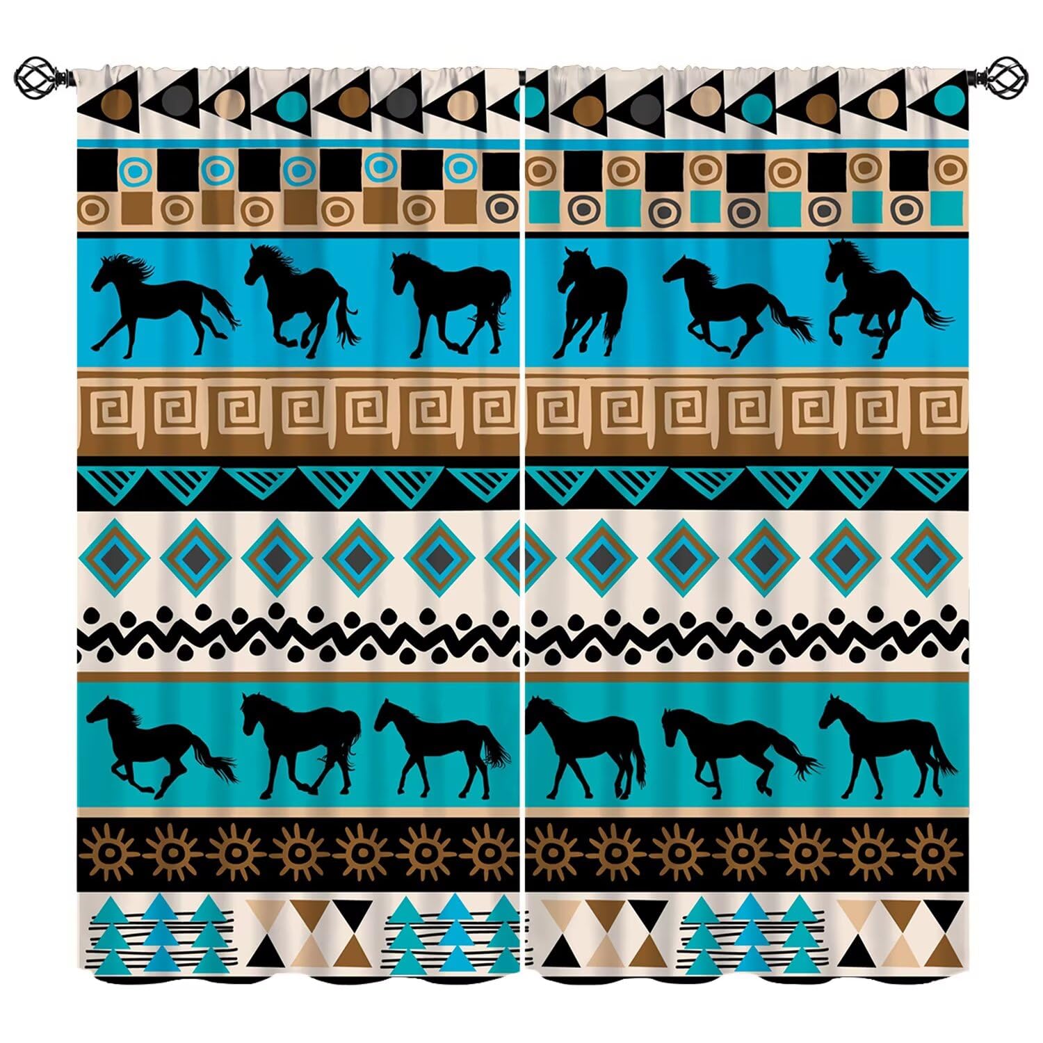Moderw African Tribal Ethnic Curtain, Vintage Abstract African Traditional Symbols Elements Window Treatments Horses Geometric Blackout Window Curtain for Bedroom Living Room W63xL63in
