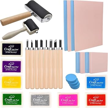 HRJZF 30PCS Rubber Block Stamp Carving Blocks with Cutter Tools and Rubber Brayer Roller for DIY Printmaking and More Crafts Combo Pack