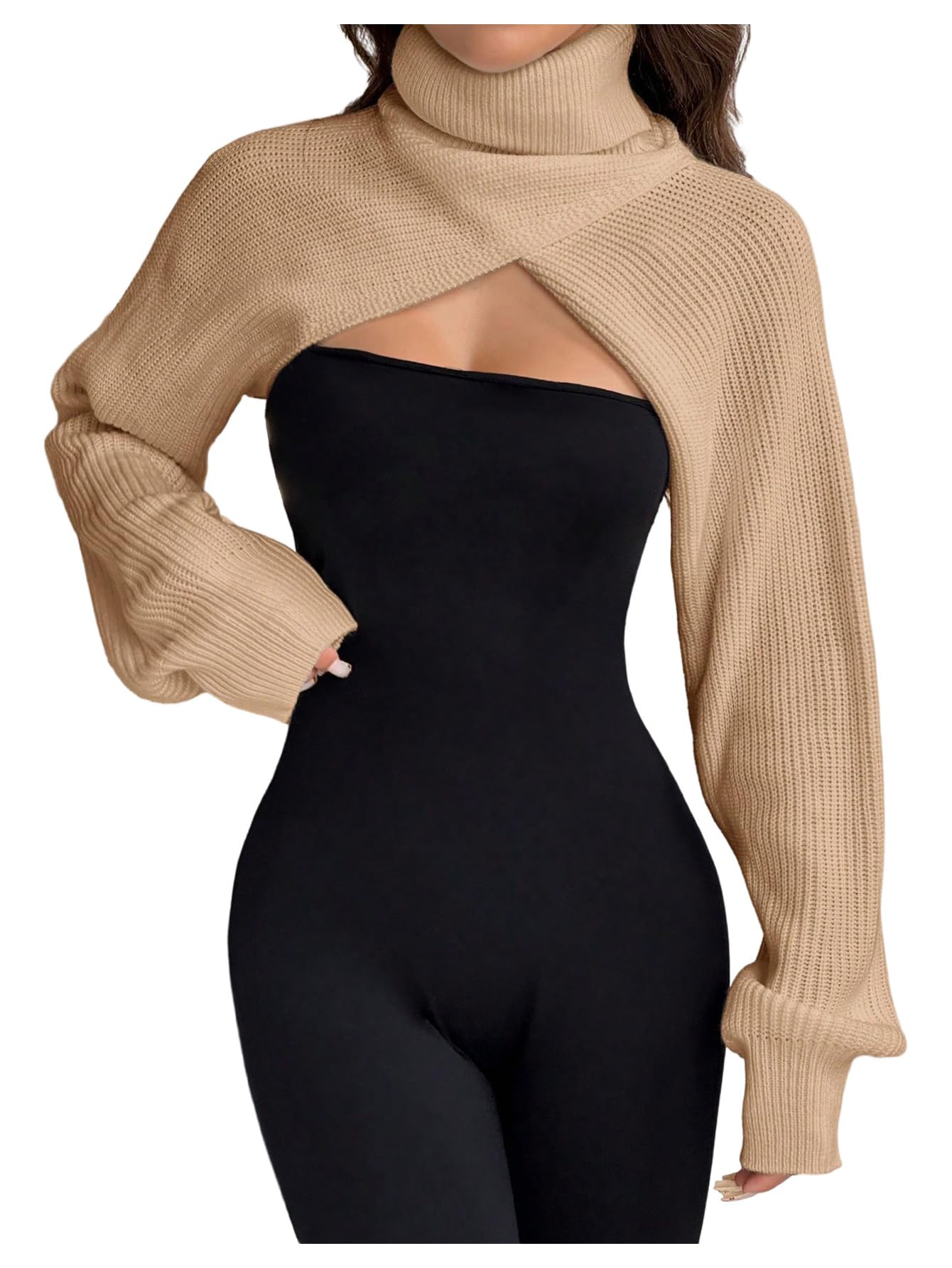OYOANGLE Womens Turtleneck Lantern Long Sleeve Cut Out Super Cropped Sweater Pullovers Top