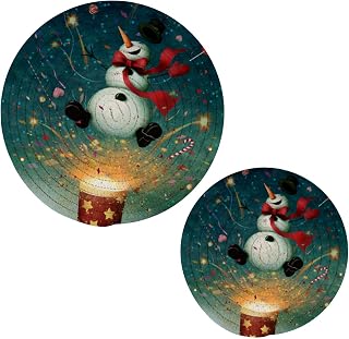 Trivet Mat Holiday Snowman Fireworks Round Cotton Hot Pads Vintage Xmas New Year Pot Holders 2PCS Kitchen Decor Heat Resistant Rope Placemats Mats Protector for Hot Plates Pots Pans Table Dish Counte