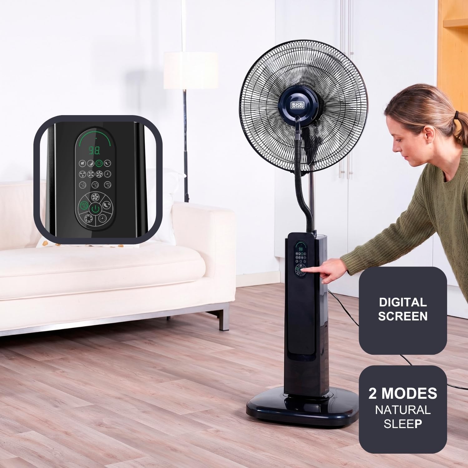 BLACK+DECKER - Ventilatore a piantana con nebulizzatore 75W | 3 velocità | Display digitale | Oscillante | Telecomando | Serbatoio 2L