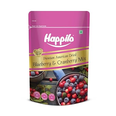 Happilo Premium Dried Blueberry Cranberry Duet 200 grams Pack|Healthy Snacks, Dry fruits|Dried Cranberries & Blueberries