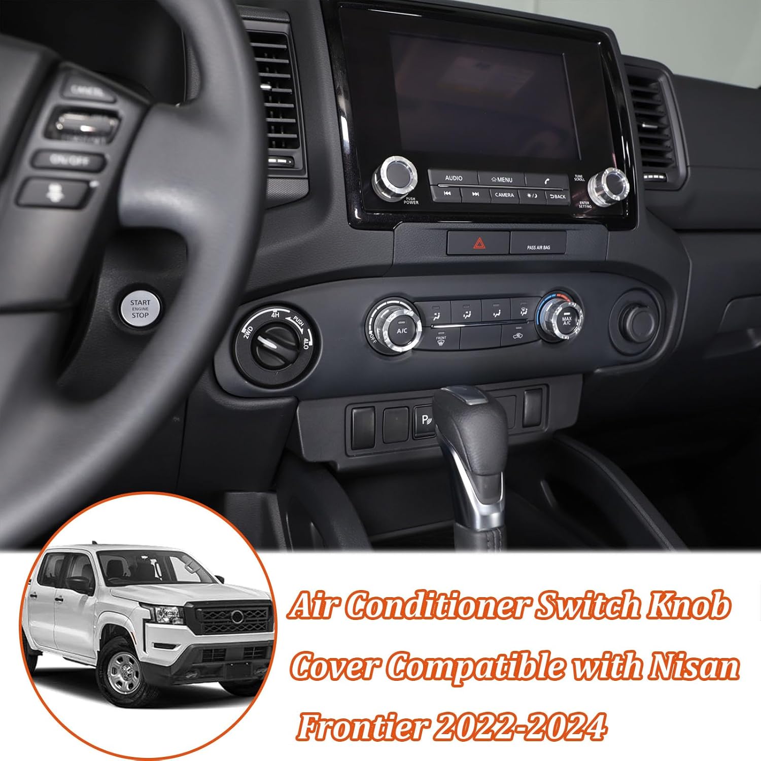 4PCS Air Conditioner Switch Knob Cover Compatible with Nisan Frontier 2022-2024,Aluminum Alloy Mecha Style Air Conditioner Stereo Volume Switch Knob Ring Covers Car Interior Accessories (Silver)