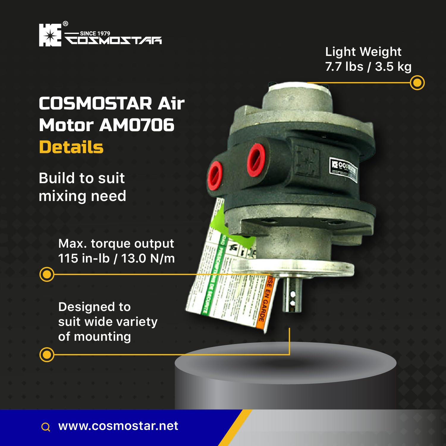 COSMOSTAR AM0706 Moteur à air comprimé 3,6 CV Type glissière durable et polyvalent pour peinture, impression et mélangeurs | Moteur AM6 type à palettes