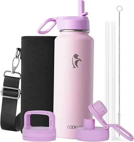 Miniatura 75 de Coolflask - Botella de agua de 64 onzas, aislada, con popote y 3 tapas, con diseño Galaxy, de acero inoxidable al vacío, mantiene las bebidas frías