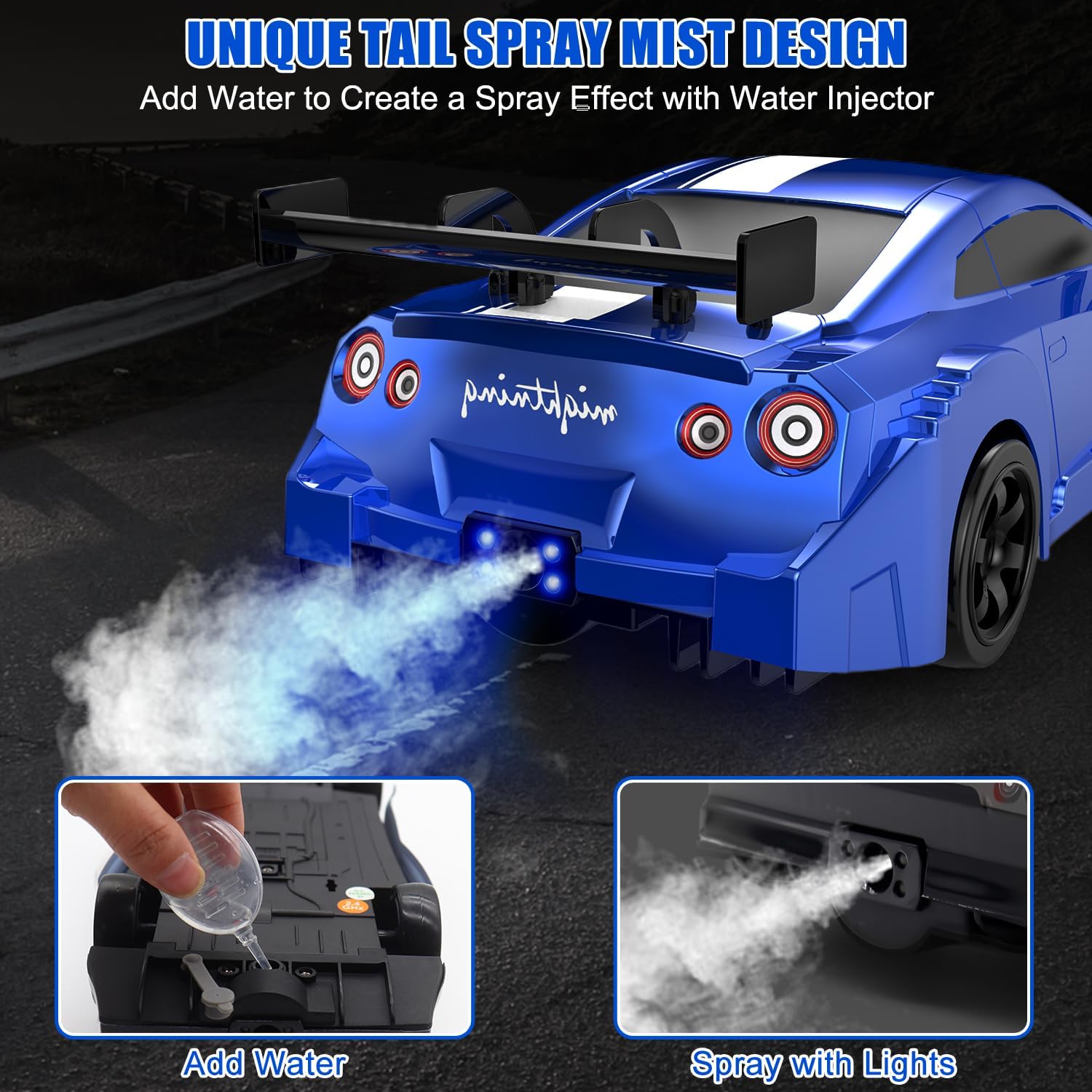 Dollox RC Drift Car 1/16 Scale Remote Control Car 2.4GHz 4WD High Speed 18+KM/H Vehicle with LED Lights and Spray, Extra Drifting Tires Racing Vehicle Toys Birthday Gifts for Adults Boys, 2 Batteries