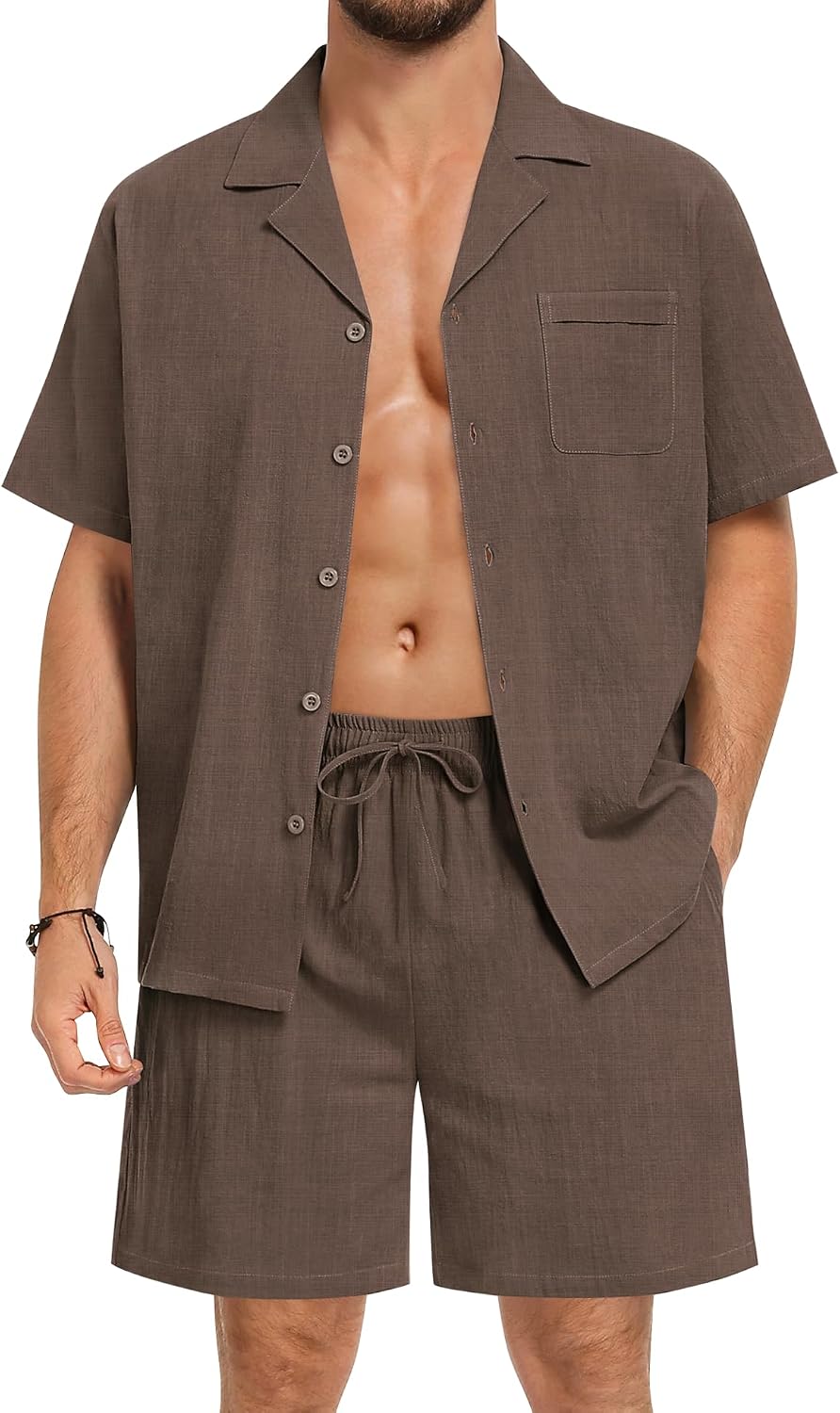 SWOMOG Men Summer Outfit Casual Short Sleeve Pocket Button Down Shirt Elastic Shorts 2 Piece Cotton Tracksuit