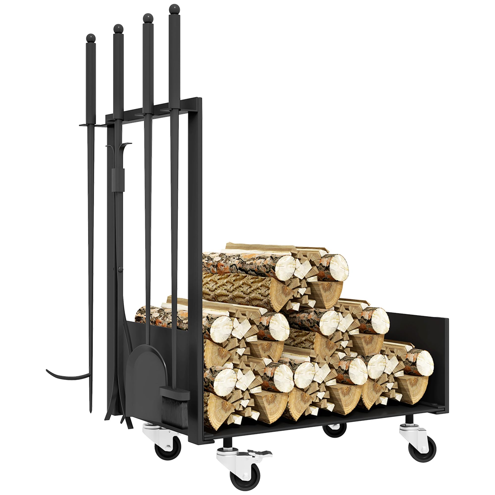 Outsunny Soporte para Leña con Ruedas Estante de Leña Metálico Leñero de Exterior con Pala Escoba Atizador y Tenazas 48x30x76 cm Negro