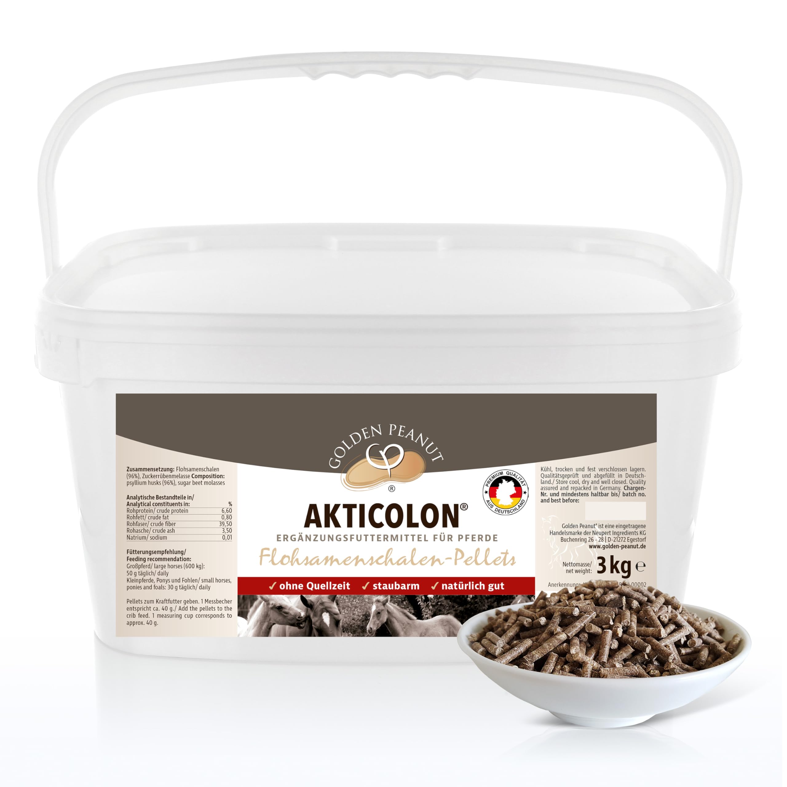 GOLDEN PEANUT Akticolon Flohsamen Pellets 3 kg - Flohsamenschalen pelletiert, Ergänzungsfutter für Pferde & Ponys - Das Original