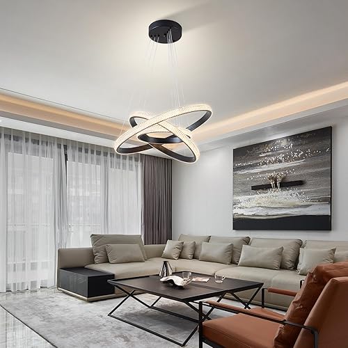 Miniatura 2 de O'NEELDY Candelabro de cristal negro de 3 anillas, regulable, moderno, LED, lámpara colgante para dormitorio, cocina, comedor